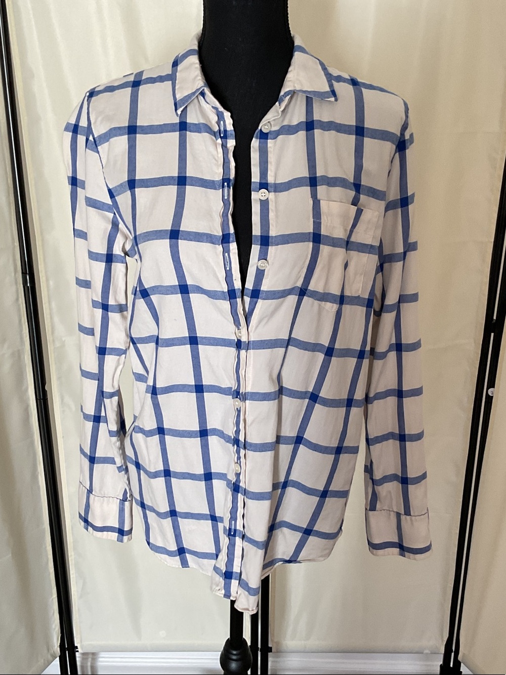 J. Crew White Button-Up Shirt with Blue Windowpane Plaid